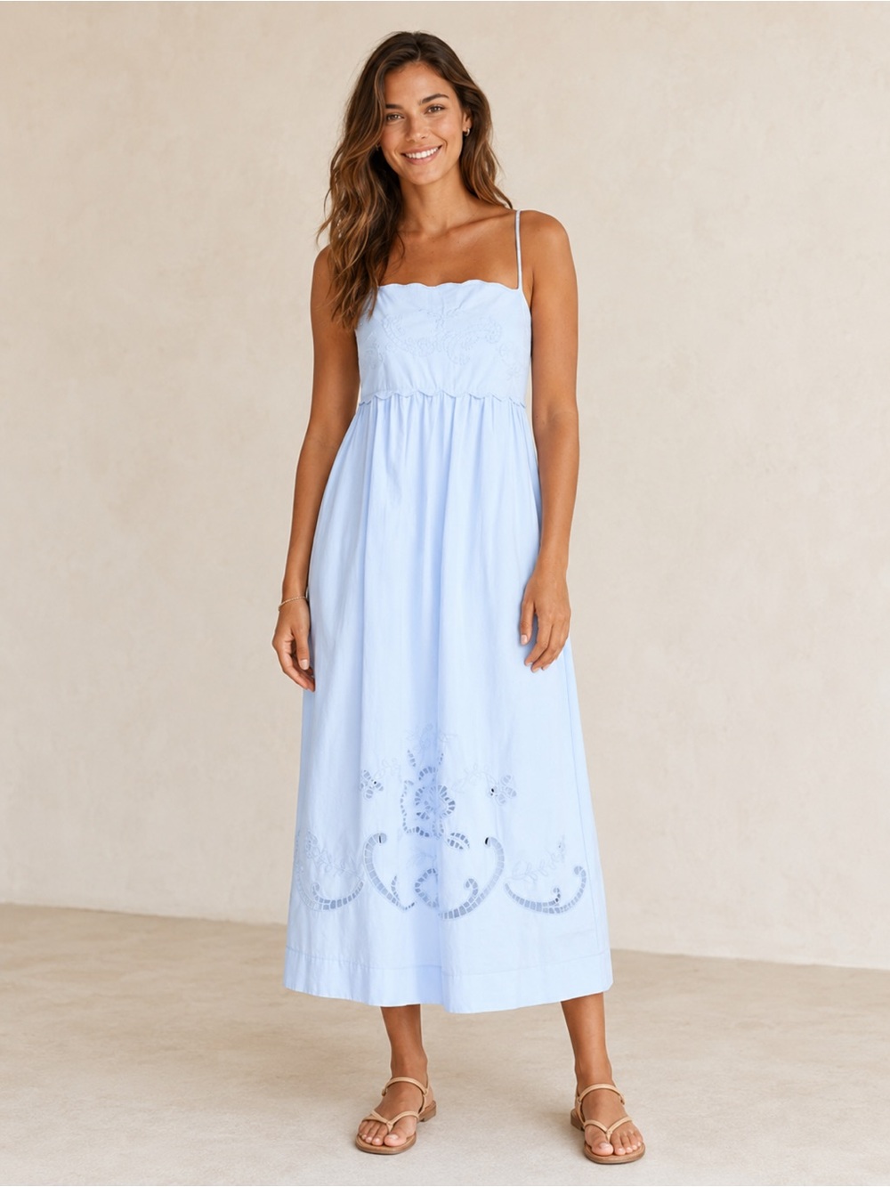 Free Assembly Women's Light Blue Embroidered Cotton Midi Sun Dress, Sizes M NWT